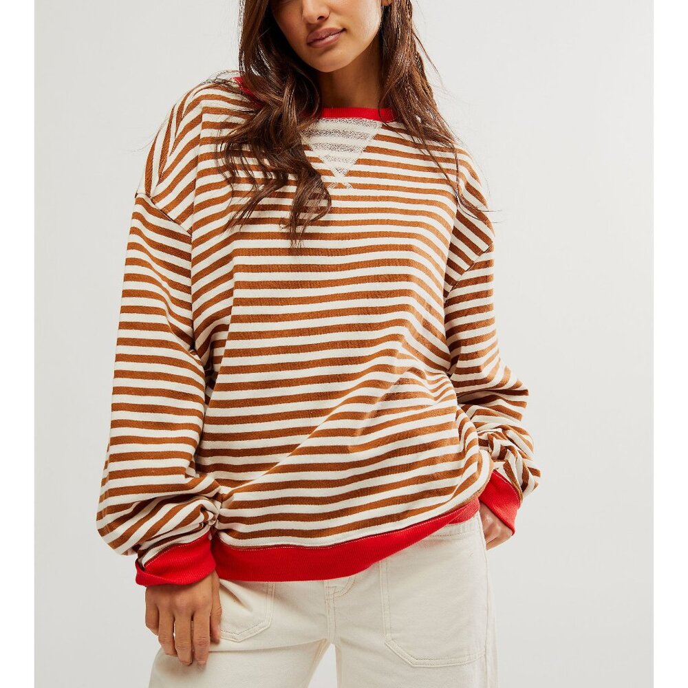 Free People Brown and White Striped Sweatshirt